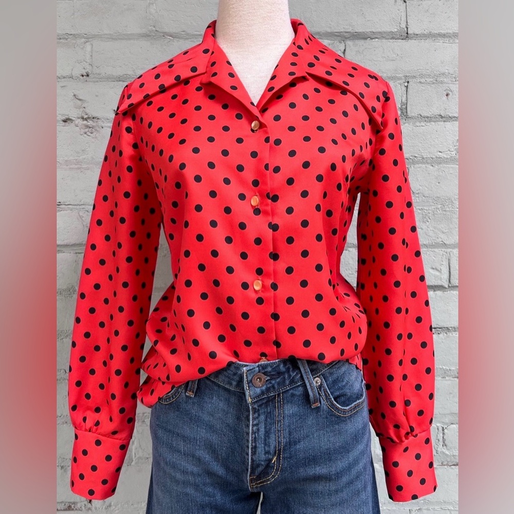 Vintage Polka Dot Button Down Shirt - Orange and Black